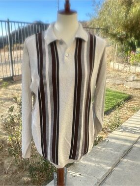 Brandini Striped Knit Polo in Light Cream and Brown